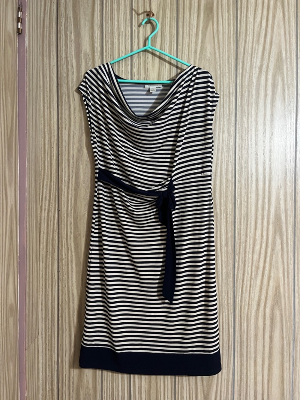 Motherhood Navy and White Striped Midi Dress with Waist Tie